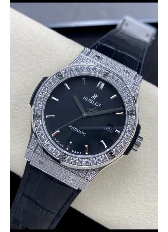 Hublot Classic Fusion Acero Inoxidable Dial Negro Diamantes Reloj Réplica Suizo Calidad Espejo 1:1