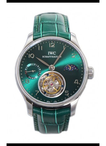 IWC Portugese Hand-Wound Genuino Tourbillon Dial Verde Caja Acero Reloj Réplica Suiza 