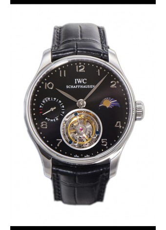 IWC Portugese Hand-Wound Genuino Tourbillon Dial Negro Caja Acero Reloj Réplica Suiza 