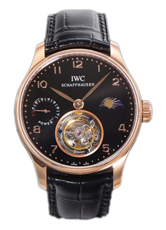 IWC Portugese Hand-Wound Genuine Tourbillon Dial Negro Caja Oro Rosado Reloj Réplica Suiza 