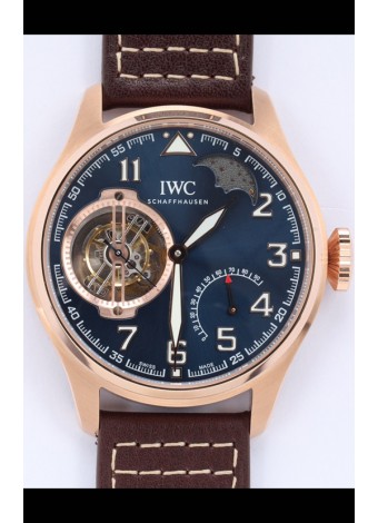 IWC Portuguese Genuine Swiss Movimiento Tourbillon Reloj Oro Rosado en Dial Azul 