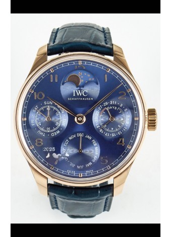 IWC Super Clone Portuguese Perpetual Calendar Rose Dial Dorado Azul Reloj Réplica