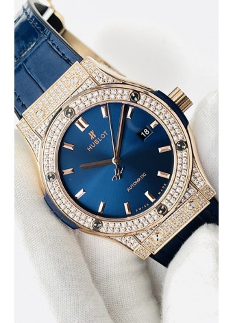Hublot Classic Fusion Diamantes Oro Rosado Dial Acero Azul Reloj Réplica Suizo Calidad Espejo 1:1