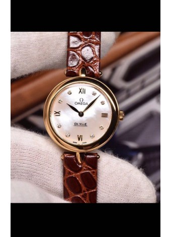 Omega De Ville Edición Prestige Dewdrop Reloj Cuarzo Suizo en Oro Rosado Correa Marrón