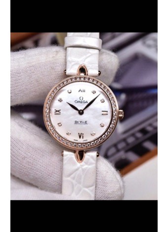 Omega De Ville Edición Prestige Dewdrop Reloj Cuarzo Suizo en Oro Rosado Correa Blanca