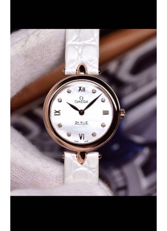 Omega De Ville Edición Prestige Dewdrop Reloj Cuarzo Suizo en Oro Rosado Correa Blanca