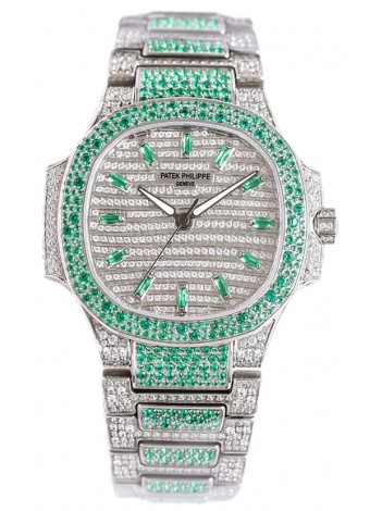 Patek Philippe Nautilus 7118R 35MM 1:1 Reloj con Diamantes Verdes Pavimentados en Caja Acero