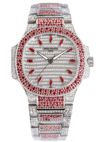 Patek Philippe Nautilus 7118R 35MM 1:1 Reloj con Diamantes Rojos Pavimentados en Caja Acero