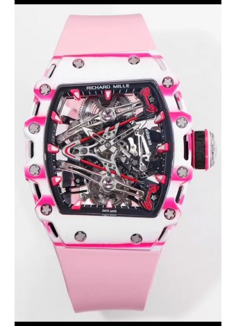 Richard Mille RM38-02 Carbono Blanco/Rosado Bubba Watson Goma Rosada Tourbillon Movement Réplica Espejo 1:1
