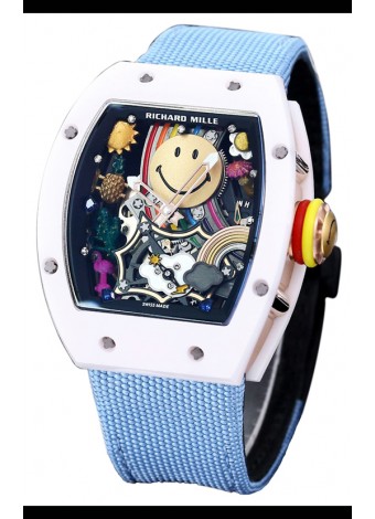 Richard Mille RM088 Reloj Réplica Tourbillon Smiley Caja Cerámica Azul Correa Nylon