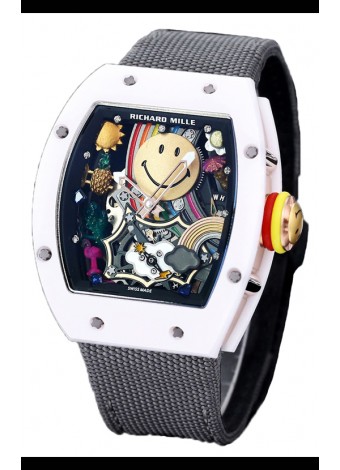 Richard Mille RM088 Reloj Réplica Tourbillon Smiley Caja Cerámica Blanca Correa Nylon