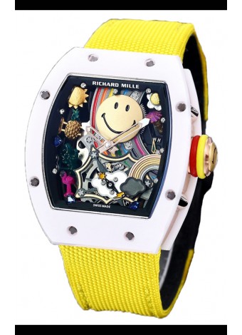 Richard Mille RM088 Reloj Réplica Tourbillon Smiley Caja Cerámica Blanca Correa Nylon Amarilla