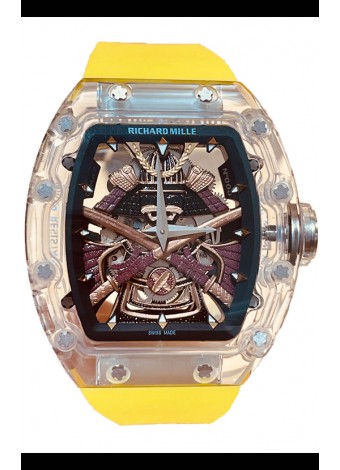 Richard Mille RM047 Samurai Genuino Tourbillon Reloj Correa Amarilla Caja en Zafiro