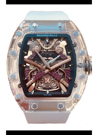 Richard Mille RM047 Samurai Reloj Genuino Tourbillon Correa Blanca Caja en Zafiro