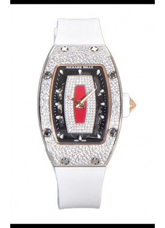 Richard Mille RM007 Reloj Suizo Superclone Acero 904L Dial Rojo Diamantes Pavimentados Correa Blanca