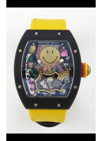 Richard Mille Super Clone RM088 Smiley Tourbillon Cerámica Negra Reloj Correa Velcro