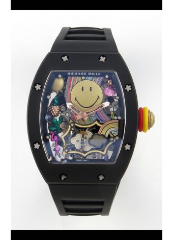 Richard Mille Super Clone RM088 Smiley Tourbillon Cerámica Negra Reloj Correa de Goma