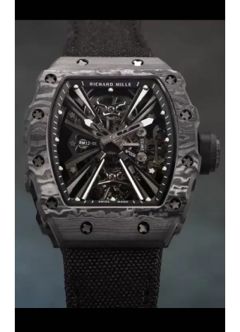 Richard Mille RM12-01 Caja de Fibra de Carbono Genuino Movimiento Tourbillon Reloj Réplica a Espejo 1:1