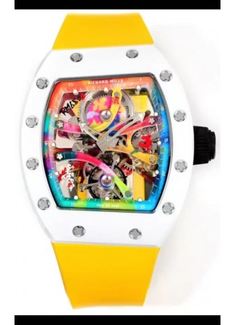Richard Mille Super Clone RM68-01 Blanco Caja Cerámica Correa Amarilla Tourbillon Réplica Suiza