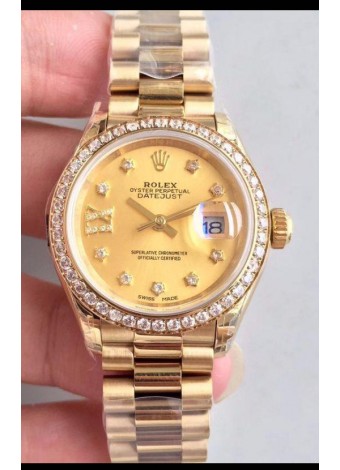 Rolex Datejust Ladies 28MM Movimiento Cal.3135 Réplica Suiza en Dial Gris - Caja en Acero 904L Oro Amarillo
