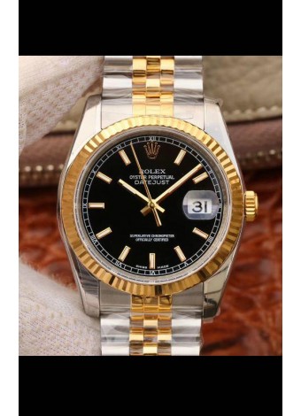 Rolex Datejust 36MM Movimiento Cal.3135 Reloj Réplica Suizo en Acero 904L Caja en Dos Tonos Dial Negro