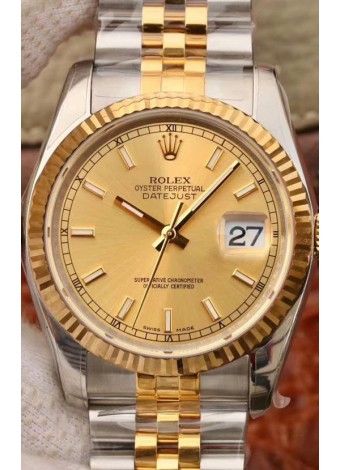 Rolex Datejust 36MM Movimiento Cal.3135 Reloj Réplica Suizo en Acero 904L Caja en Dos Tonos Dial Oro