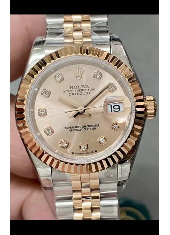 Reloj Rolex Datejust Super Clone Dial Verde Dos Tonos Oro Rosado - Dial Dorado 28MM