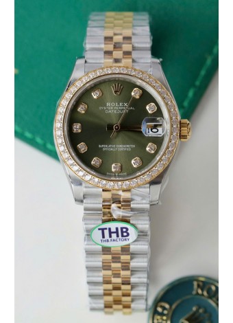 Rolex Datejust Calibre 3235, Movimiento Super Clone, Oro Rosado Dos Tonos 31MM - Dial verde