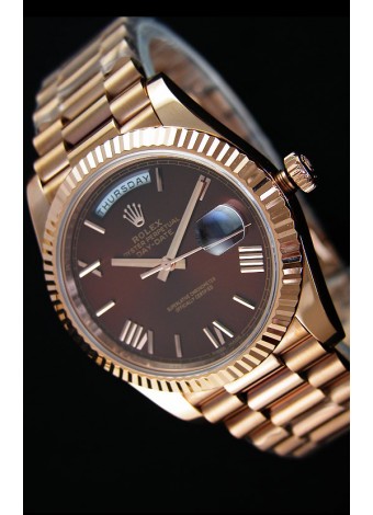 Rolex Day Date Reloj Réplica Japonés - Caja en Oro rosado Dial Marrón 40MM