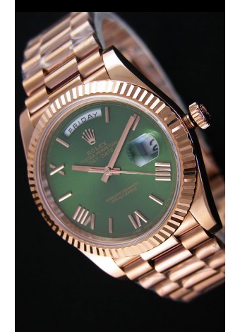 Rolex Day Date Reloj Réplica Japonés - Caja en Oro rosado Dial Verde 40MM
