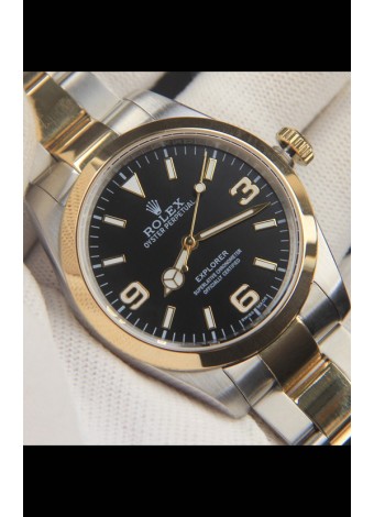 Rolex Explorer I Movimiento Japonés Reloj Réplica en Dos Tonos Dial Negro 39MM