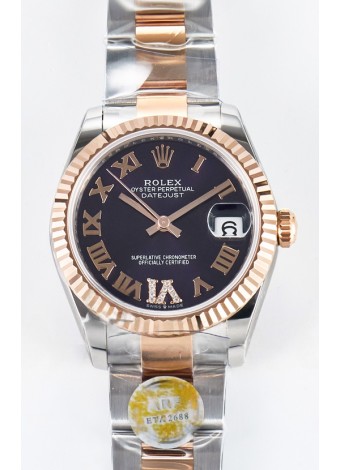 Rolex Super Clone Datejust ETA 2688 Movement 31MM Oro Rosado Dos Tonos Suizo Dial Negro