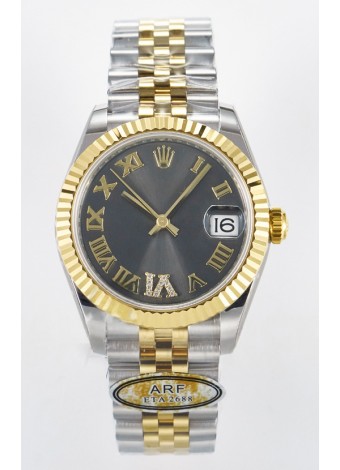 Rolex Super Clone Datejust ETA 2688 Movement 31MM Oro Amarillo Dos Tonos Suizo Dial Gris