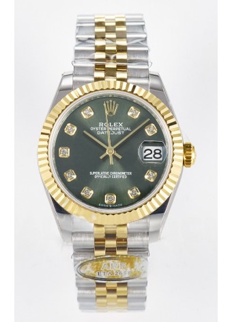 Rolex Super Clone Datejust ETA 2688 Movement 31MM Oro Amarillo Dos Tonos Suizo Dial Verde 