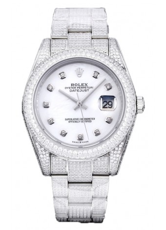 Rolex Datejust 41MM Réplica Suiza - Edición Iced Out con Dial en Blanco Perla