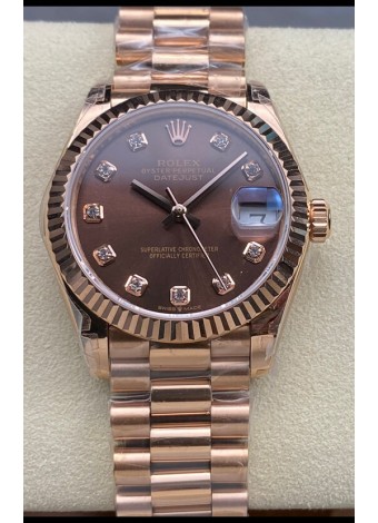 Rolex Datejust 31MM Reloj Suizo en Acero 904L Oro Rosado Dial Chocolate Réplica Espejo  1:1