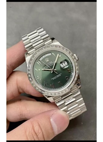 Rolex Day Date Presidencial Reloj Acero Inoxidable Dial Árabe Verde Oliva 40MM - Calidad Espejo 1:1