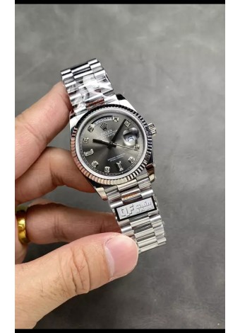 Rolex Day Date Super Clone Acero Inoxidable Dial Gris Reloj Numerales Diamantes 36MM - 1:1 Calidad Espejo