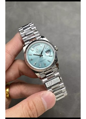 Rolex Day Date Super Clone Acero Inoxidable Dial Azul Ice Reloj Marcadores Hora en Cristal 36MM - 1:1 Calidad Espejo