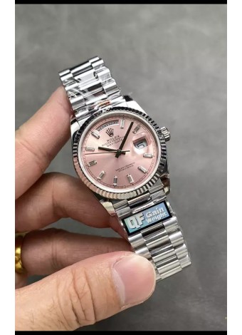 Rolex Day Date Super Clone Acero Inoxidable Dial Rosa Reloj Marcadores Hora en Cristal 36MM - 1:1 Calidad Espejo