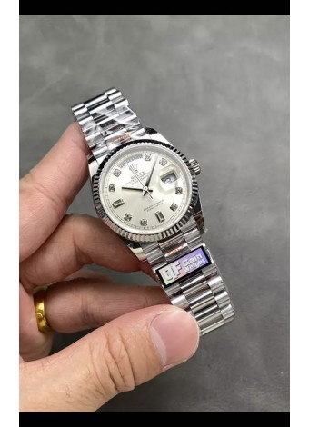 Rolex Day Date Super Clone Acero Inoxidable Dial Plateado Reloj Numerales Diamantes 36MM - 1:1 Calidad Espejo