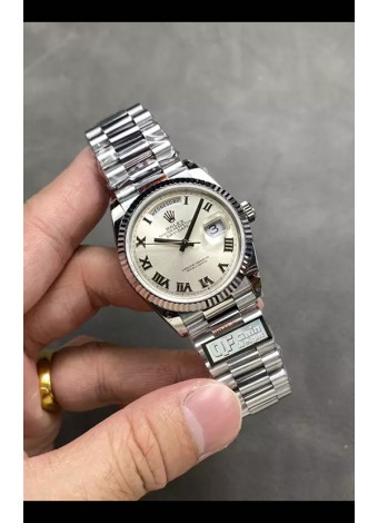 Rolex Day Date Super Clone Acero Inoxidable Dial Plateado Reloj Numerales Romanos 36MM - 1:1 Calidad Espejo