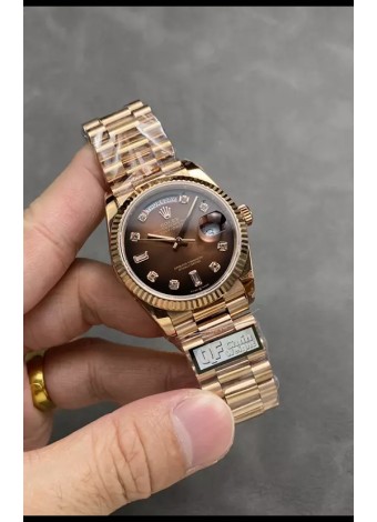 Rolex Day Date Super Clone Dial Oro Rosado Marrón Reloj Numerales Diamantes 36MM - 1:1 Calidad Espejo