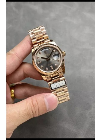 Rolex Day Date Super Clone Rose Gold Dial Gris Reloj Numerales Diamantes 36MM - 1:1 Calidad Espejo