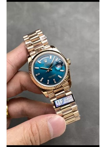 Rolex Day Date Super Clone Dial Oro Rosado  Azul Reloj Marcadores Hora en Cristal 36MM - 1:1 Calidad Espejo