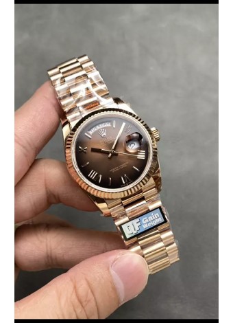 Rolex Day Date Super Clone Dial Oro Rosado Marrón Reloj Numerales Romanos 36MM - 1:1 Calidad Espejo