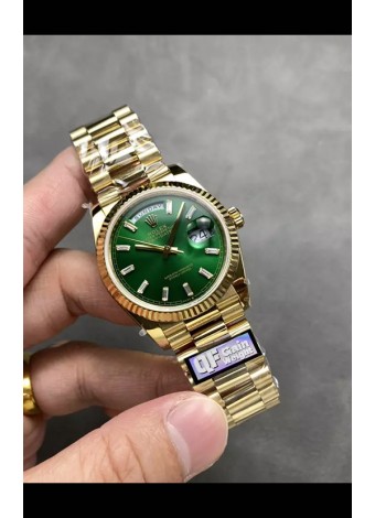 Rolex Day Date Super Clone Dial Oro Amarillo Dial Verde Reloj Marcadores Hora en Cristal 36MM - 1:1 Calidad Espejo