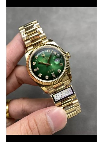 Rolex Day Date Super Clone Dial Oro Amarillo Dial Verde Reloj Numerales Diamantes 36MM - 1:1 Calidad Espejo