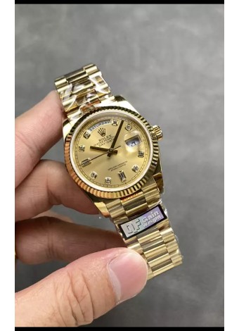 Rolex Day Date Super Clone Caja y Dial Oro Amarillo Reloj Numerales Diamantes 36MM - 1:1 Calidad Espejo