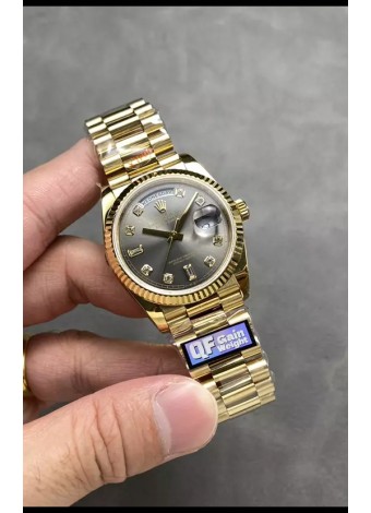 Rolex Day Date Super Clone Oro Amarillo Dial Gris Reloj Numerales Diamantes 36MM - 1:1 Calidad Espejo